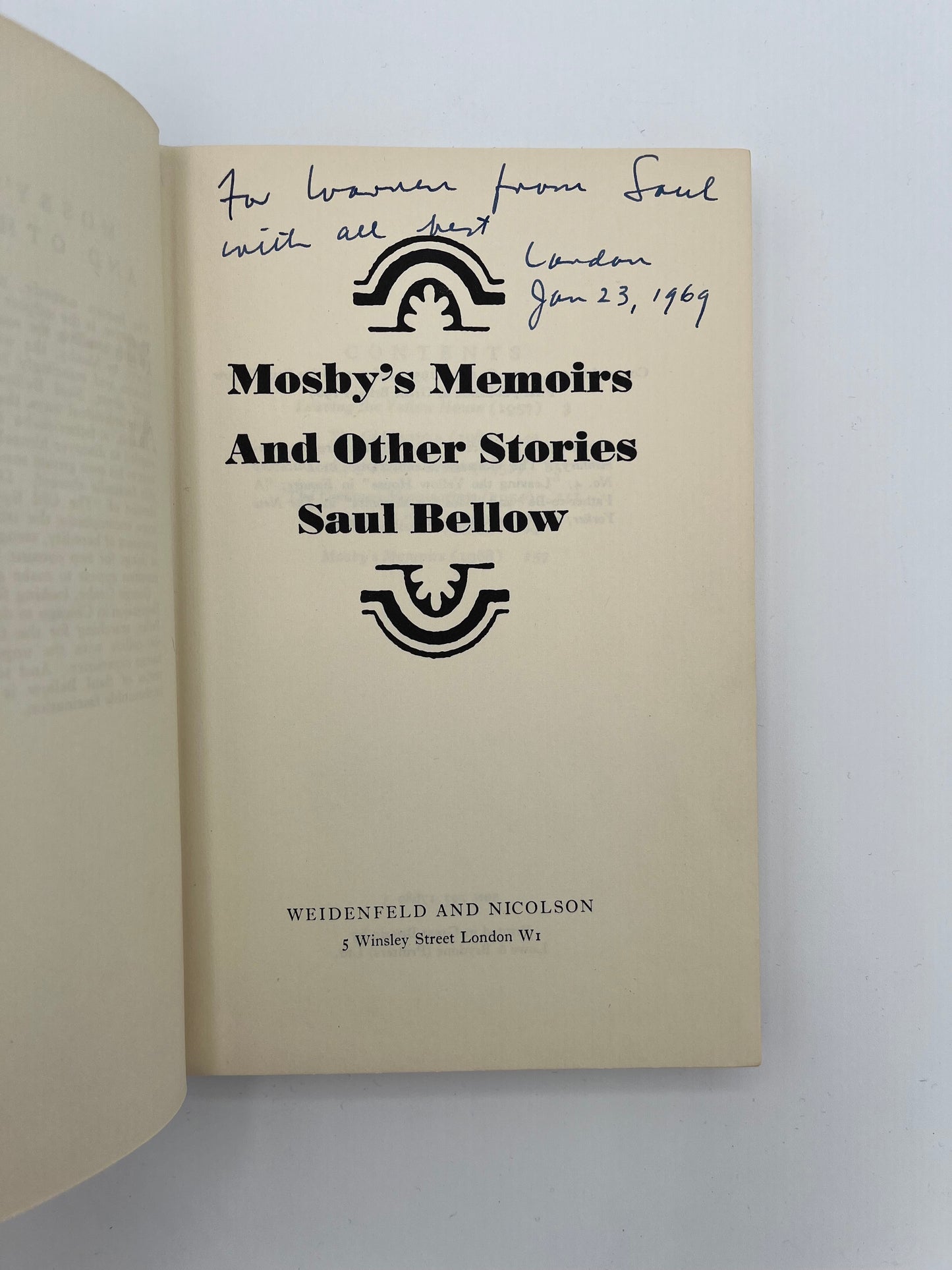 Mosby's Memoirs & other stories by Saul Bellow, inscribed.