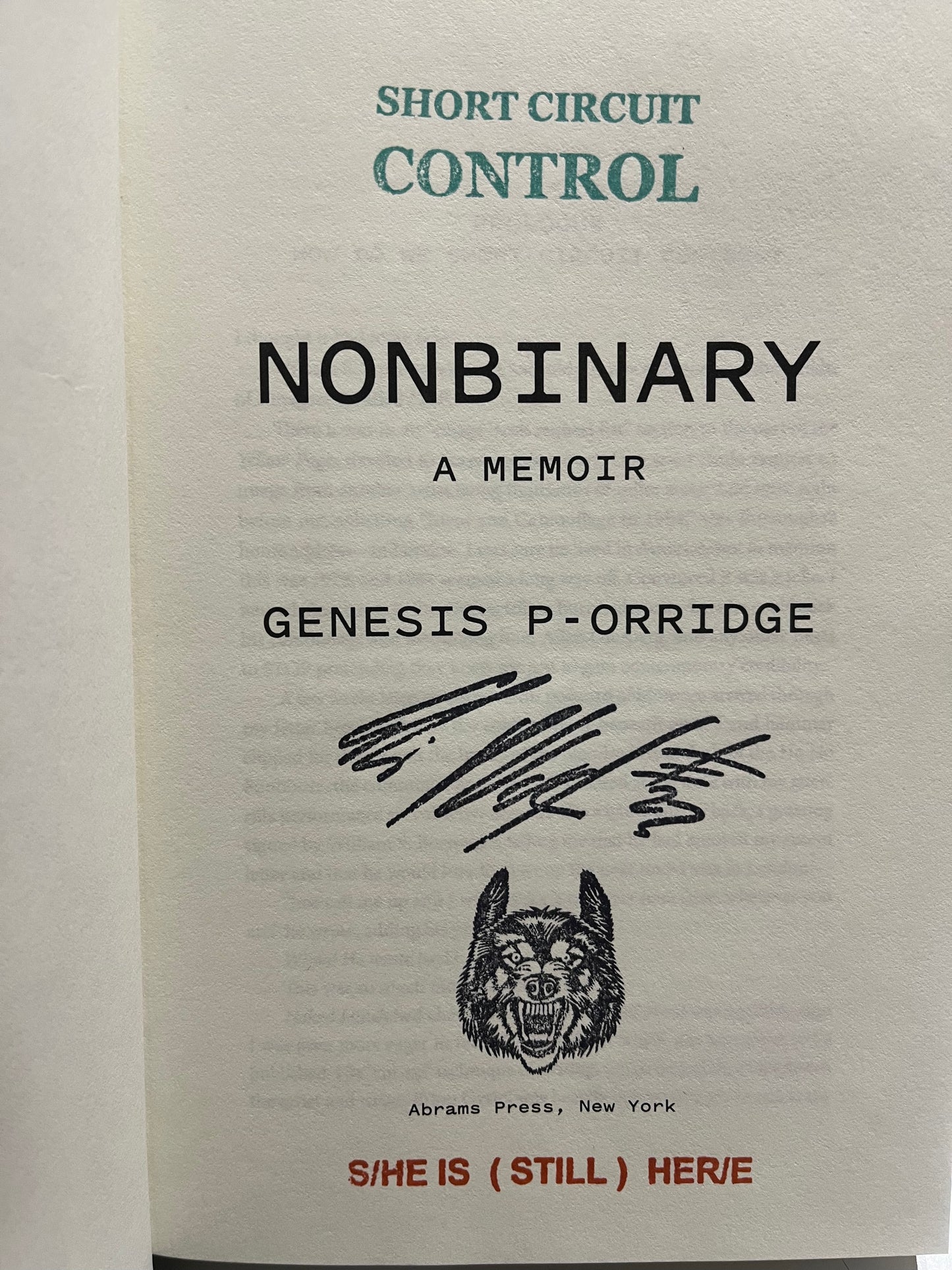 Nonbinary by Genesis P-Orridge, facsimile signature from Genesee