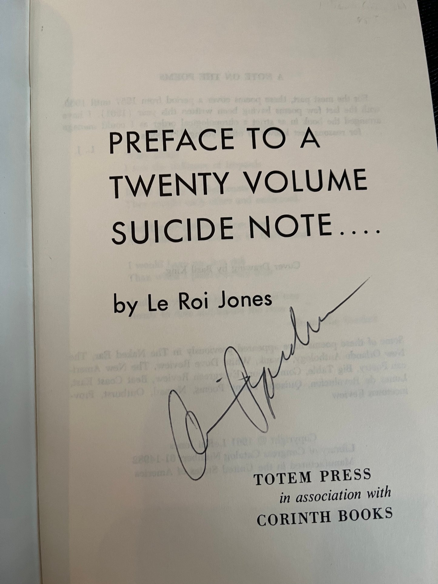 "Preface to a Twenty Volume Suicide Note by Le Roi Jones", singed Amiri Baraka